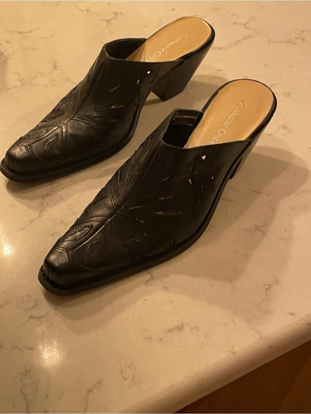 comfortview Black Leather Embossed Slip-On Mules. Item # 11743